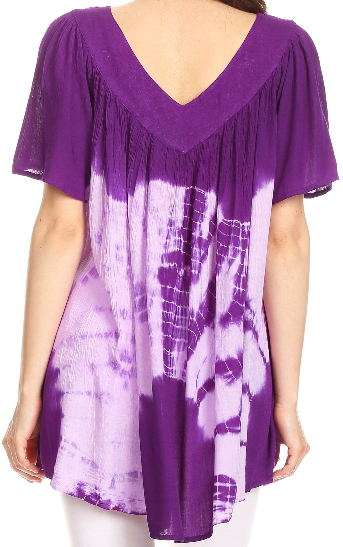 Sakkas Nia Tie Dye Sequin Embroidered V-Neck Cap Sleeve Blouse / Top