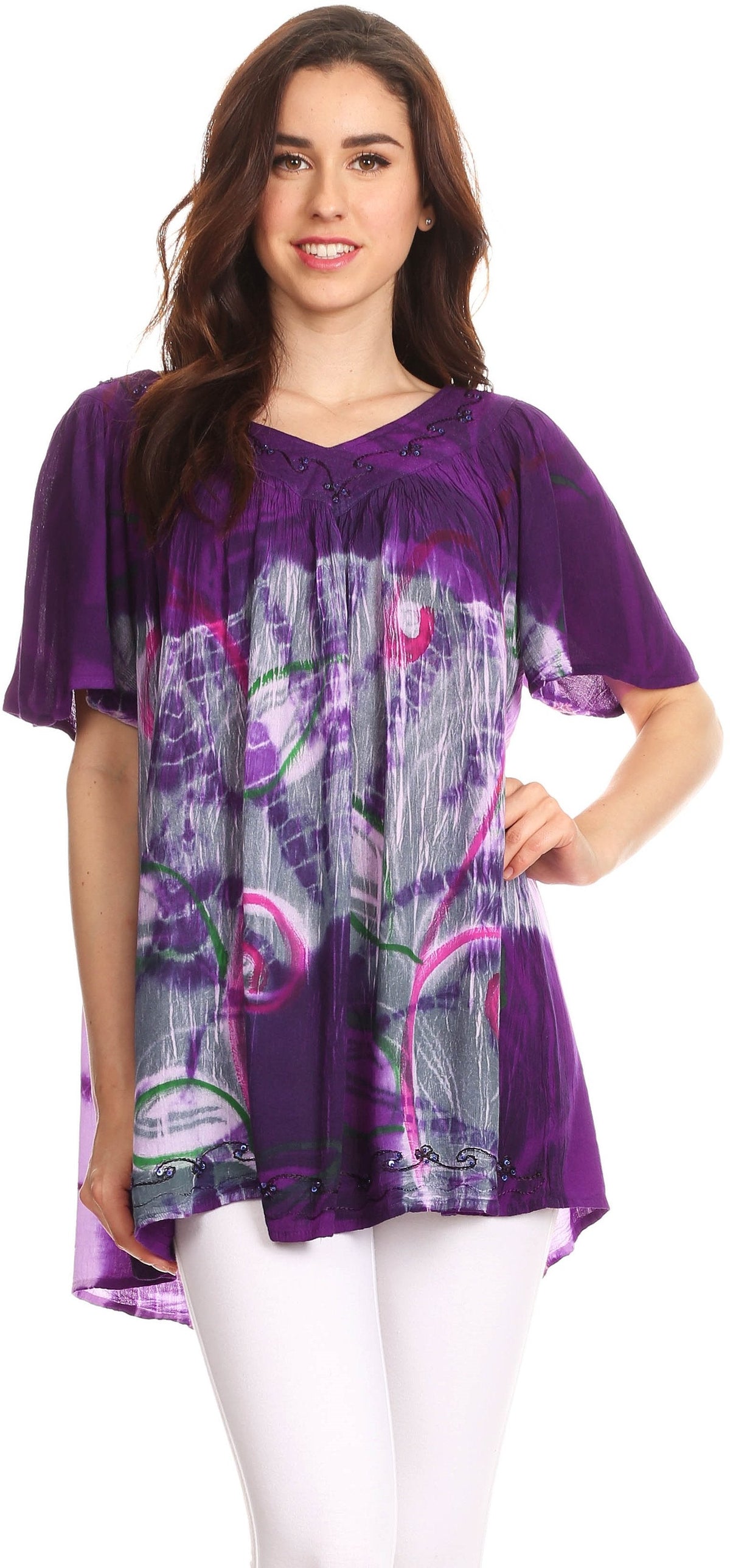 Sakkas Nia Tie Dye Sequin Embroidered V-Neck Cap Sleeve Blouse / Top