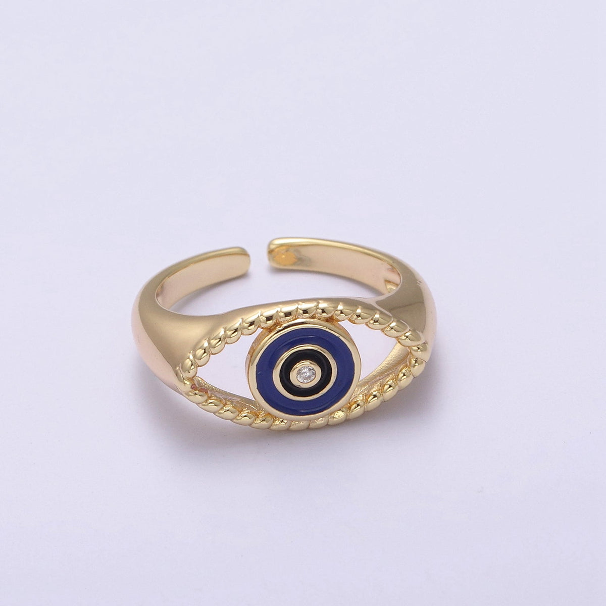 24K Gold Filled Blue, White, Black, Pink Enamel CZ Open Evil Eye Signet Ring | U254 - U257