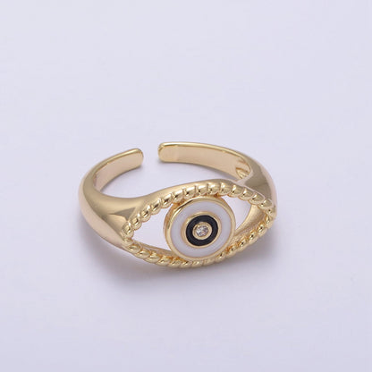 24K Gold Filled Blue, White, Black, Pink Enamel CZ Open Evil Eye Signet Ring | U254 - U257