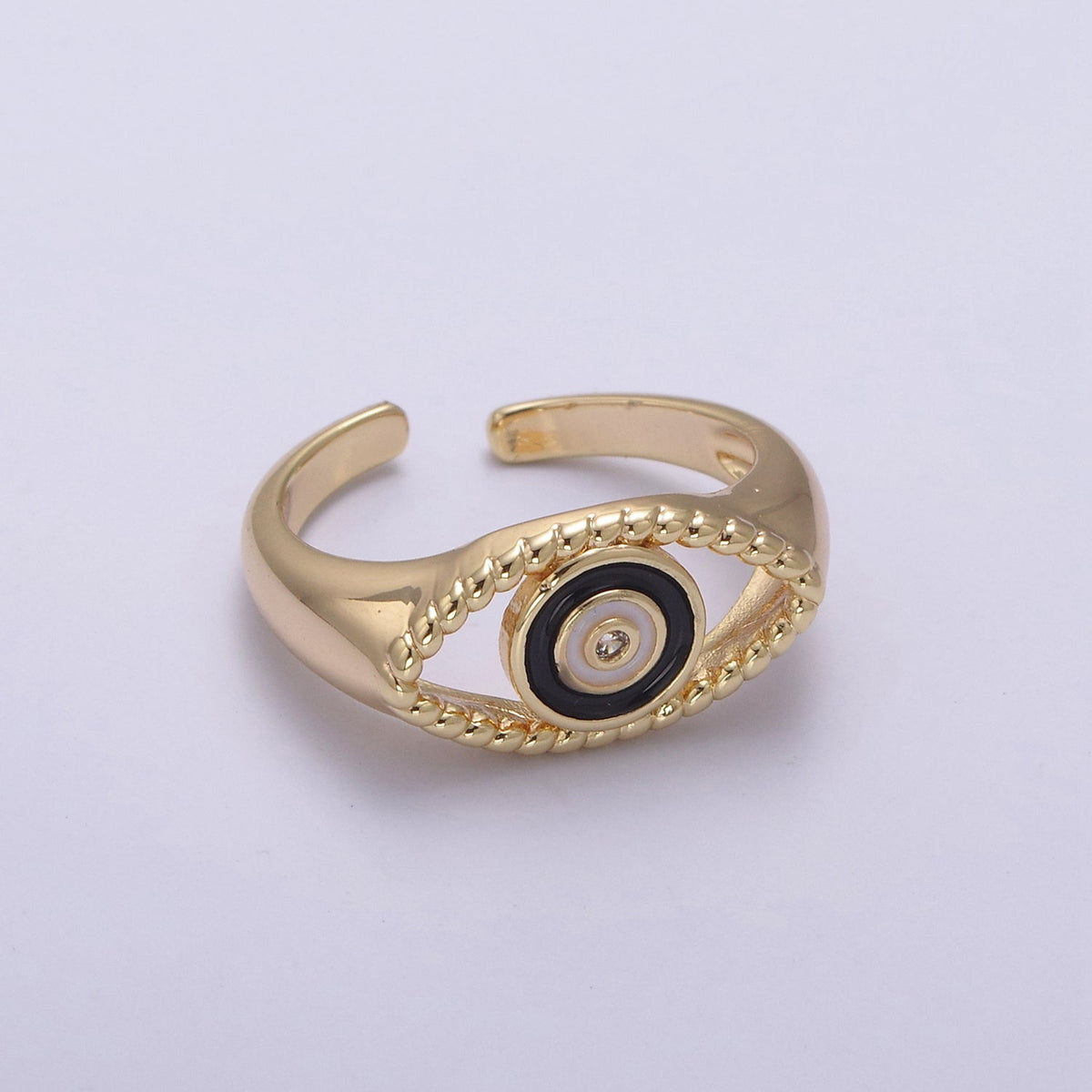 24K Gold Filled Blue, White, Black, Pink Enamel CZ Open Evil Eye Signet Ring | U254 - U257