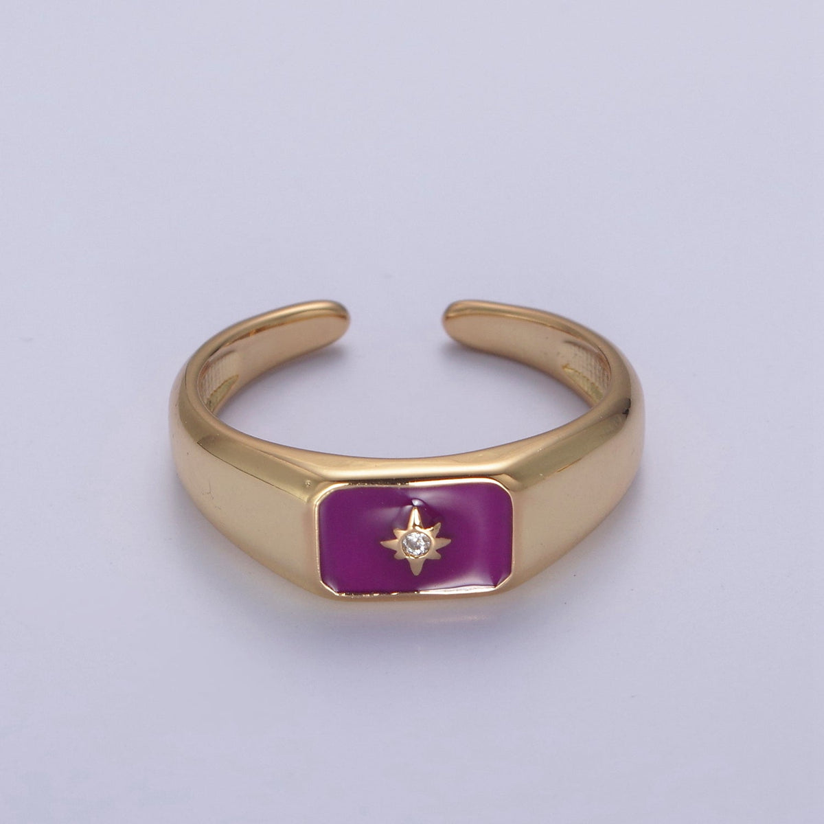 24K Gold Filled Black, Pink, Red, Purple Enamel CZ North Star Rectangle Signet Ring | U509 - U513
