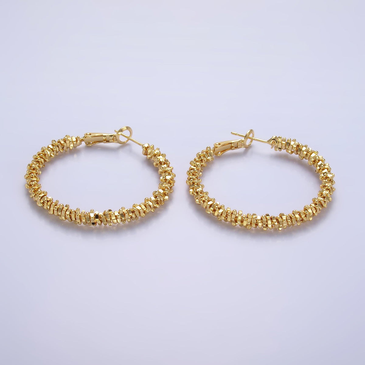 18K Gold Filled 40mm Geomatic Edged Bead Hinge Hoop Earrings | V263