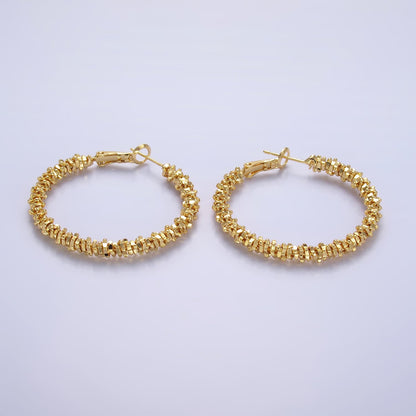 18K Gold Filled 40mm Geomatic Edged Bead Hinge Hoop Earrings | V263