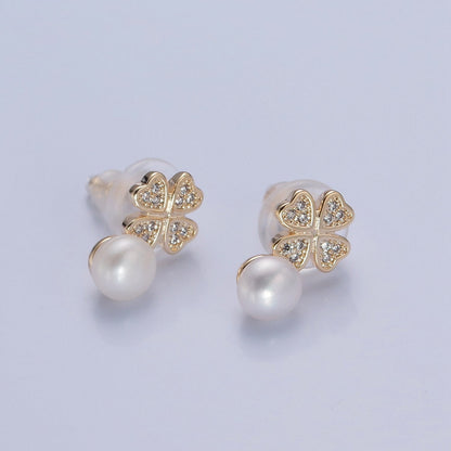 Gold White, Purple, Pink Shell Pearl Micro Paved CZ Clover Stud Earrings |  V379 - V381