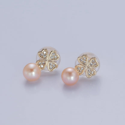 Gold White, Purple, Pink Shell Pearl Micro Paved CZ Clover Stud Earrings |  V379 - V381