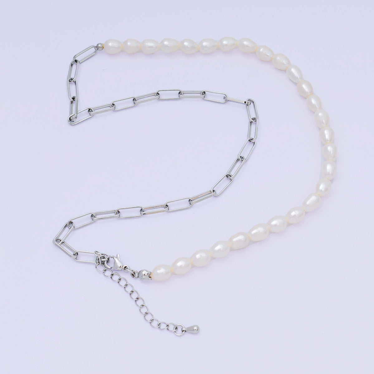 17 Inch Half Paperclip Chain, Half 5.3mm Freshwater Pearl Necklace | WA-1467 Clearance Pricing