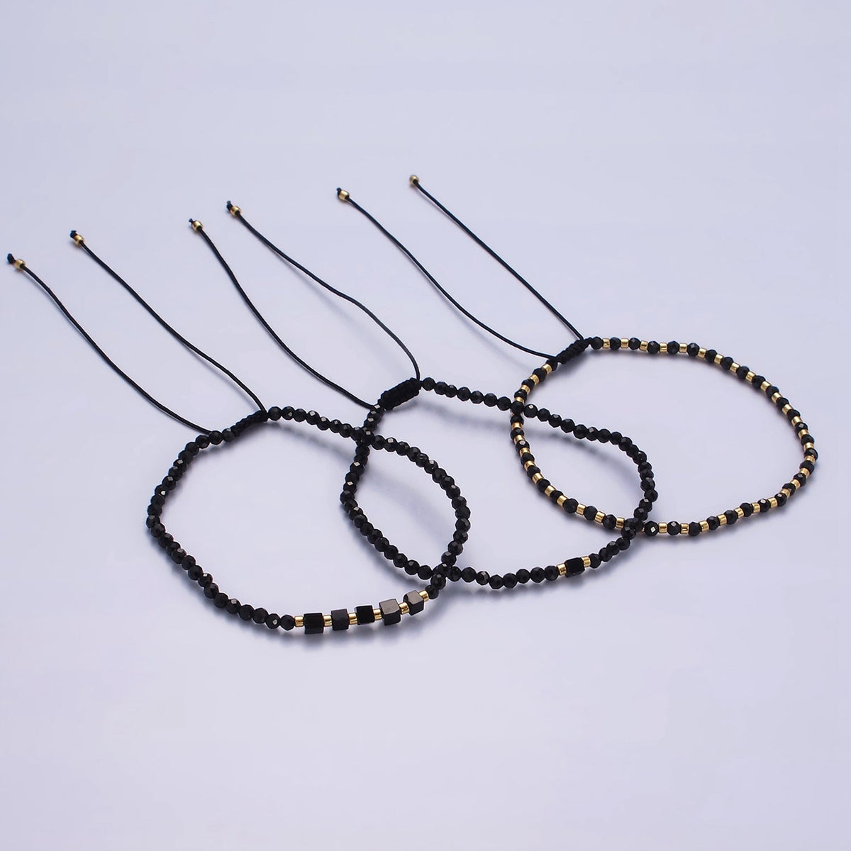 14K Gold Filled Black Onyx Multifaceted Rope Adjustable Friendship Bracelet | WA-02165 ~ WA-02167