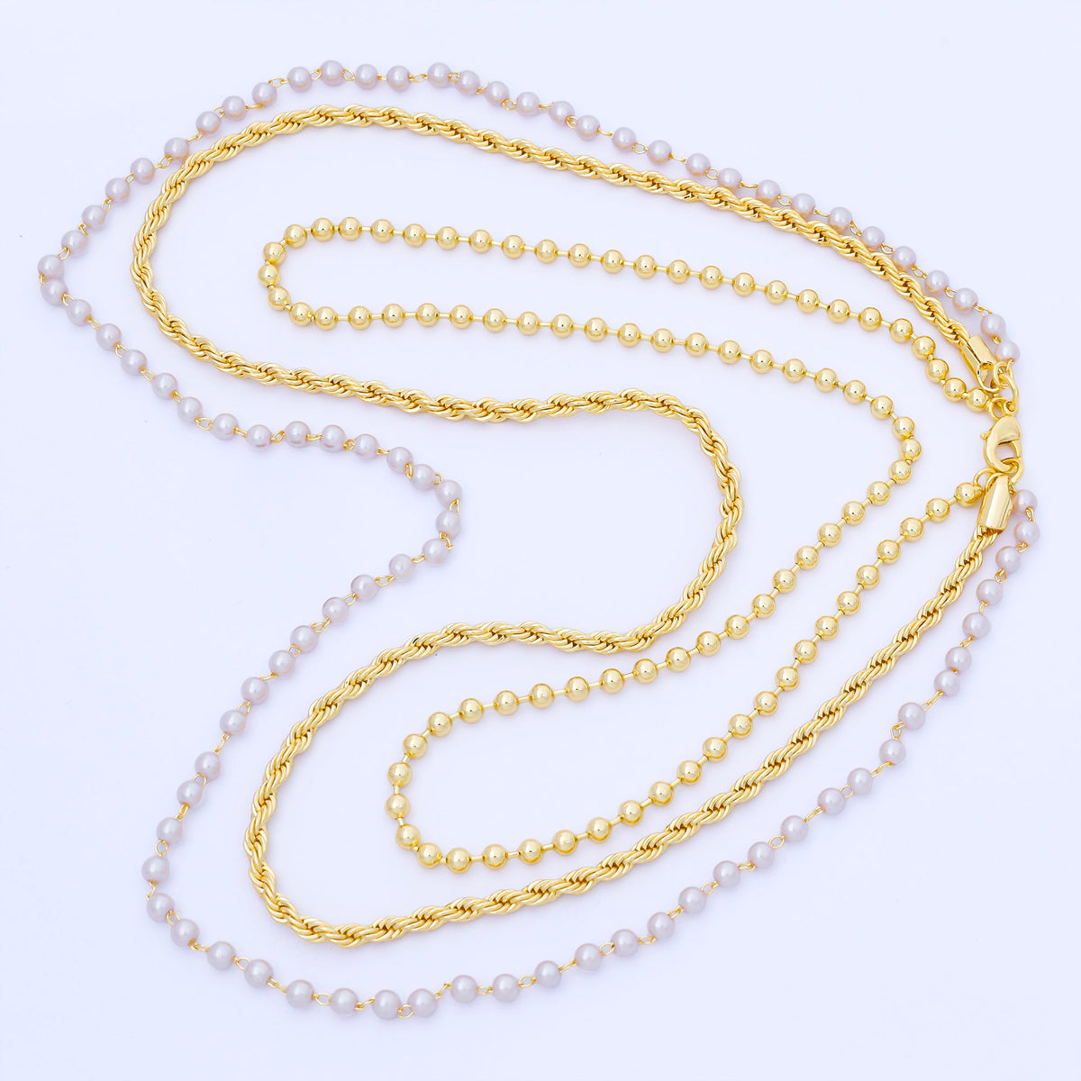 Layer Gold &amp; Pearl Beaded Chain Necklace 24K Gold Filled Rope Chain Mixed Chain Style WA-2858