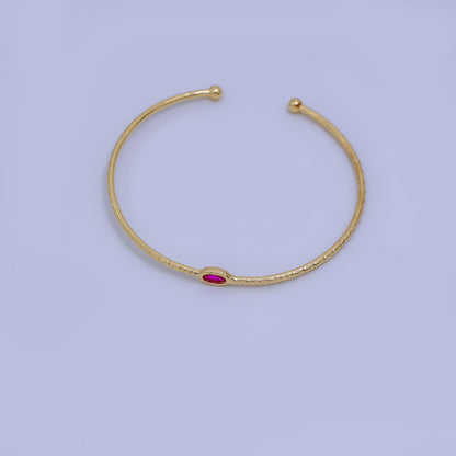 24K Gold Filled Fuchsia Oval CZ Solitaire Thin Line Textured Cuff Bracelet | WA-03321