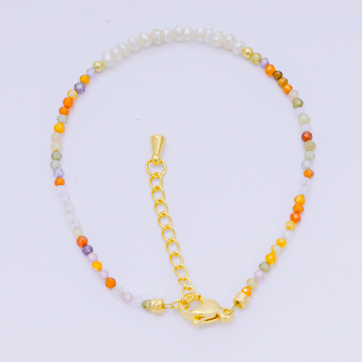 24K Gold Filled Shell Pearl Multifaceted Natural Gemstone Bead 6.69 Inch Bracelet w. Extender | WA-03695 ~ WA-03717