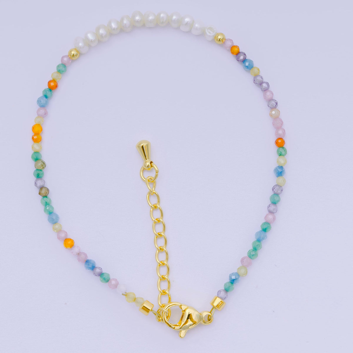 24K Gold Filled Shell Pearl Multifaceted Natural Gemstone Bead 6.69 Inch Bracelet w. Extender | WA-03695 ~ WA-03717