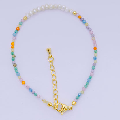 24K Gold Filled Shell Pearl Multifaceted Natural Gemstone Bead 6.69 Inch Bracelet w. Extender | WA-03695 ~ WA-03717