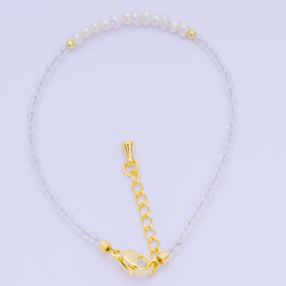 24K Gold Filled Shell Pearl Multifaceted Natural Gemstone Bead 6.69 Inch Bracelet w. Extender | WA-03695 ~ WA-03717