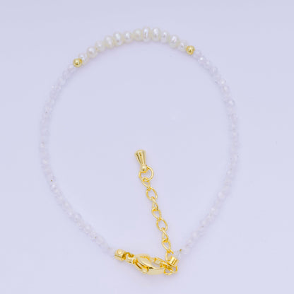 24K Gold Filled Shell Pearl Multifaceted Natural Gemstone Bead 6.69 Inch Bracelet w. Extender | WA-03695 ~ WA-03717