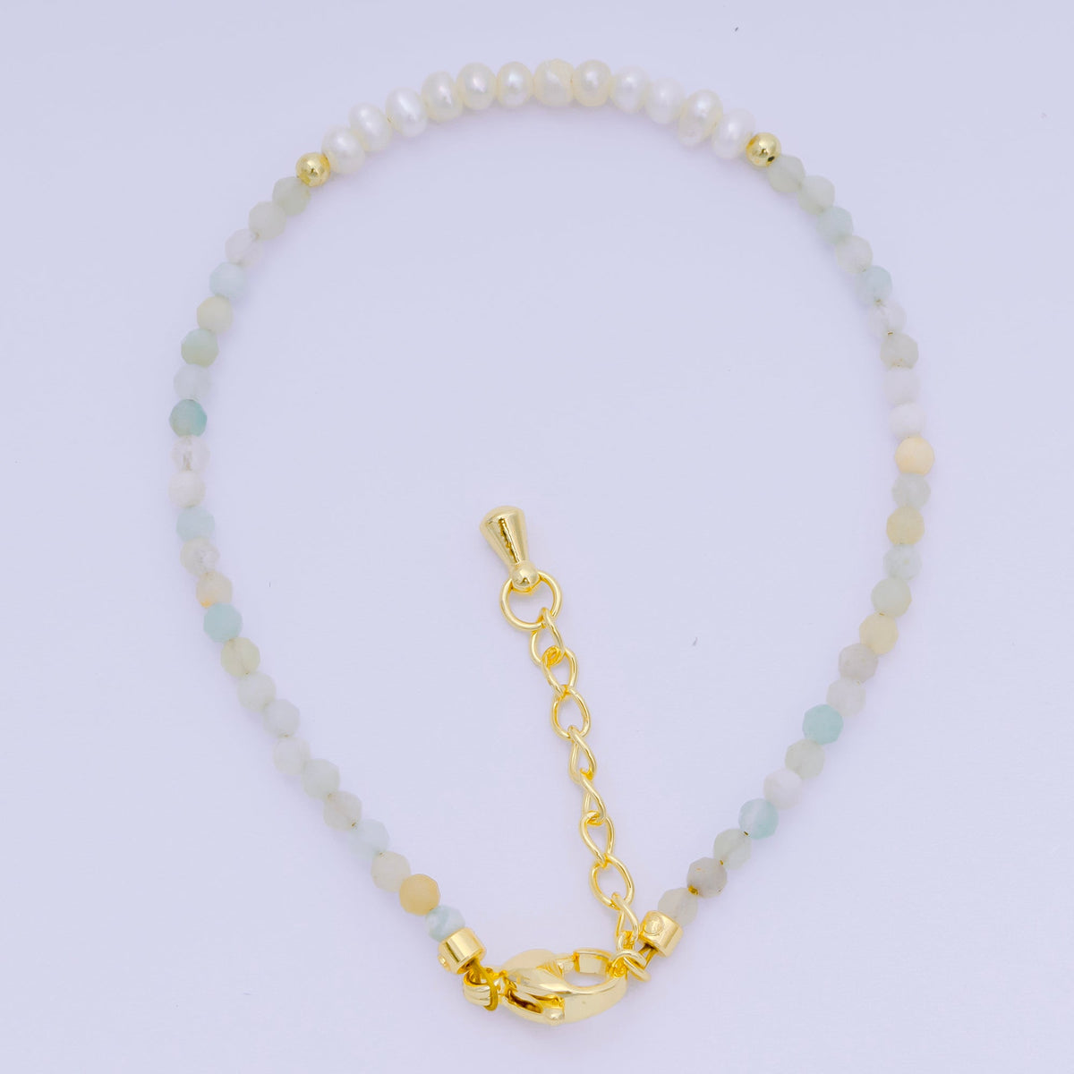 24K Gold Filled Shell Pearl Multifaceted Natural Gemstone Bead 6.69 Inch Bracelet w. Extender | WA-03695 ~ WA-03717
