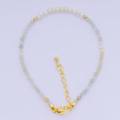 24K Gold Filled Shell Pearl Multifaceted Natural Gemstone Bead 6.69 Inch Bracelet w. Extender | WA-03695 ~ WA-03717
