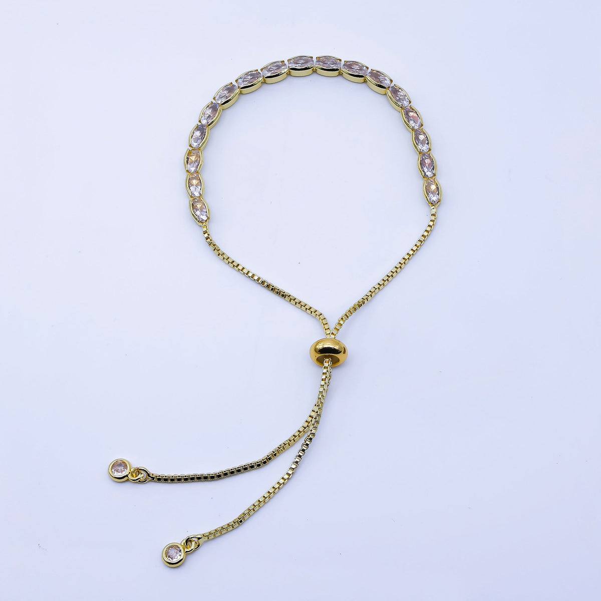 24K Gold Filled Oval CZ Tennis Chain Bolo Slide Adjustable Bracelet in Gold &amp; Silver | WA-03902 WA-03903