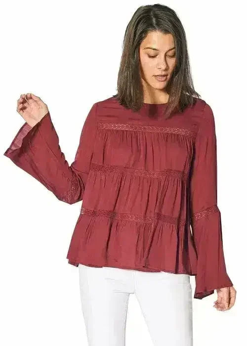 Bell Sleeve Tiered Blouse – Red Cordovan Polyester Women Top