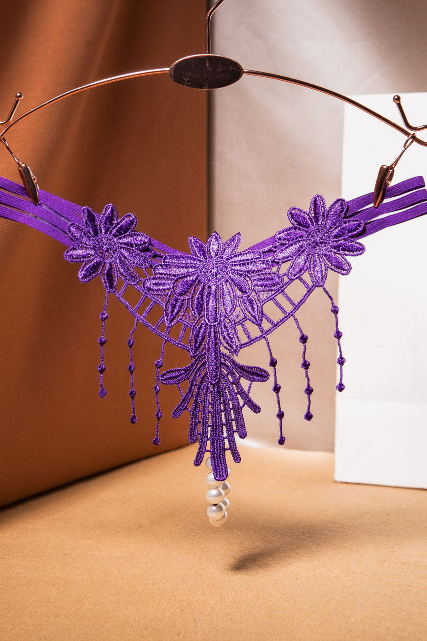 Embroidered Fringe Pearl Thong