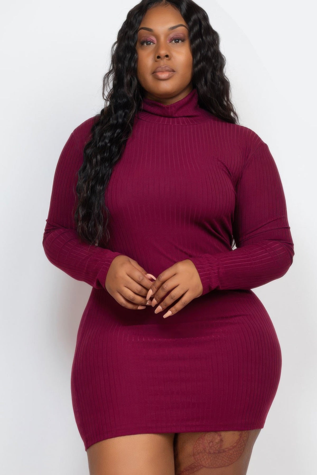Ribbed Long Sleeve Mock Neck Mini Bodycon Dress