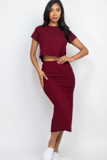 Short Sleeve Ribbed Top &amp; Midi Skirt Se