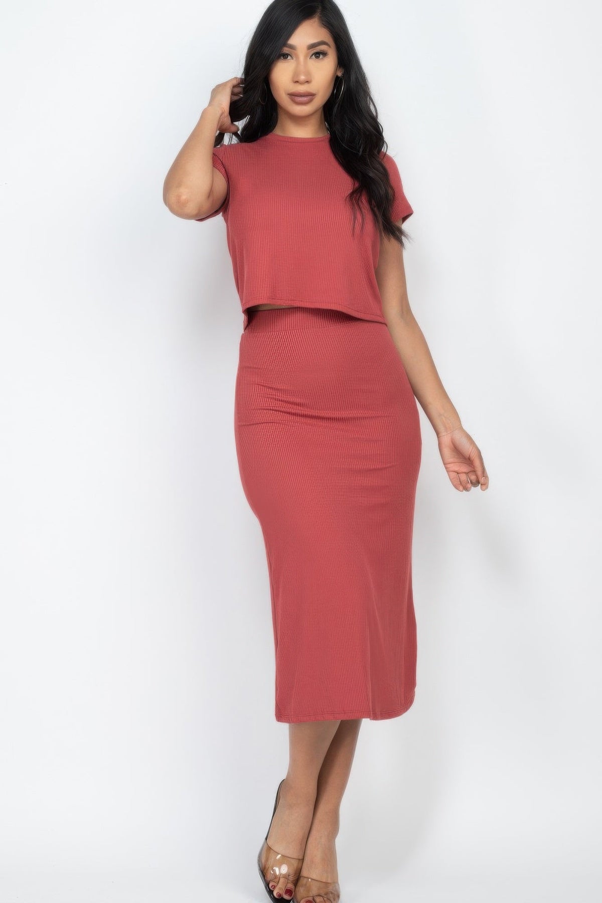 Short Sleeve Ribbed Top &amp; Midi Skirt Se