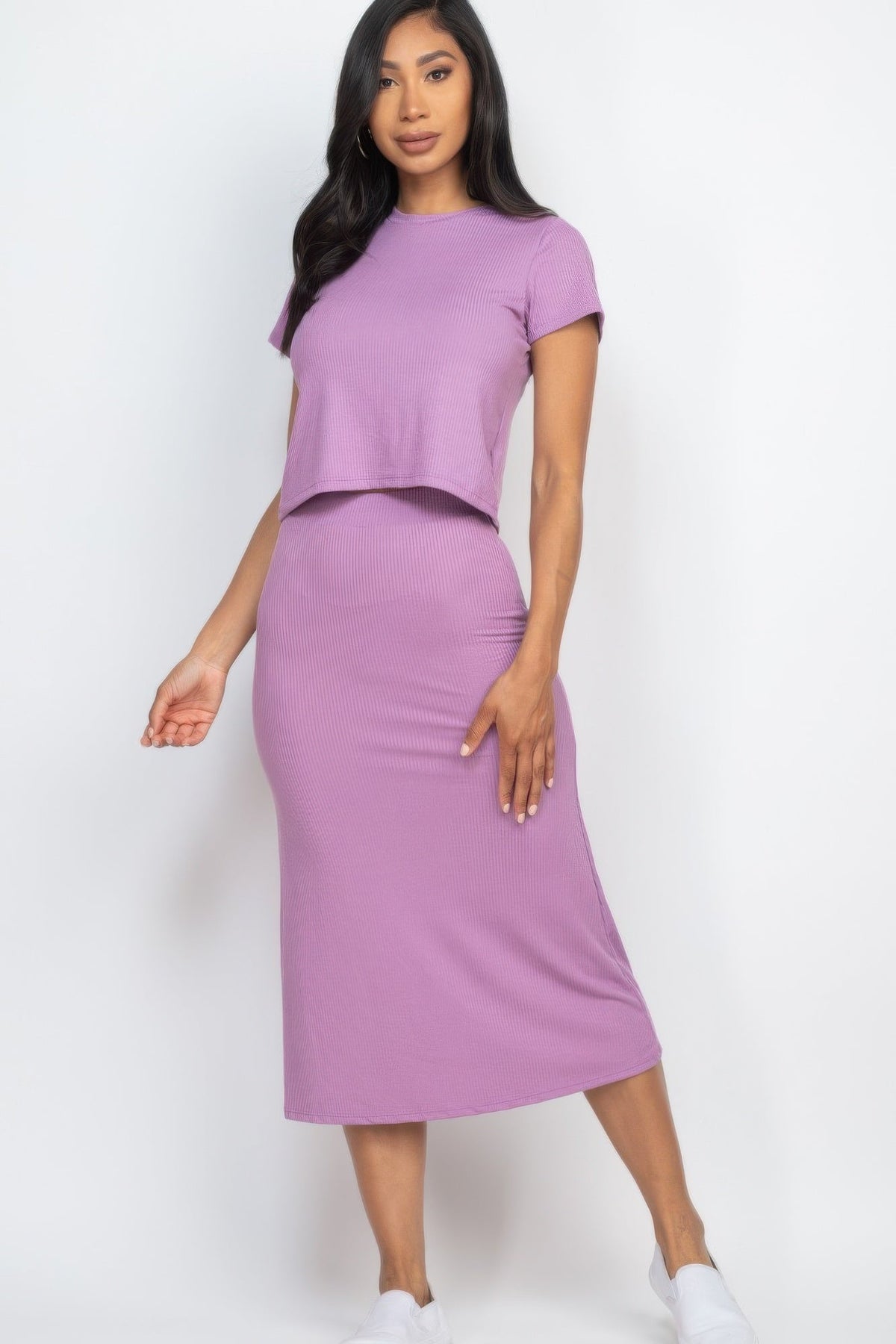 Short Sleeve Ribbed Top &amp; Midi Skirt Se