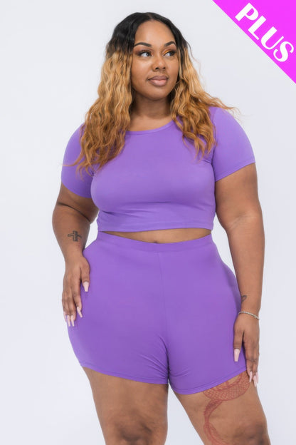 Plus Size Short Sleeve Crop Top &amp; Shorts Set