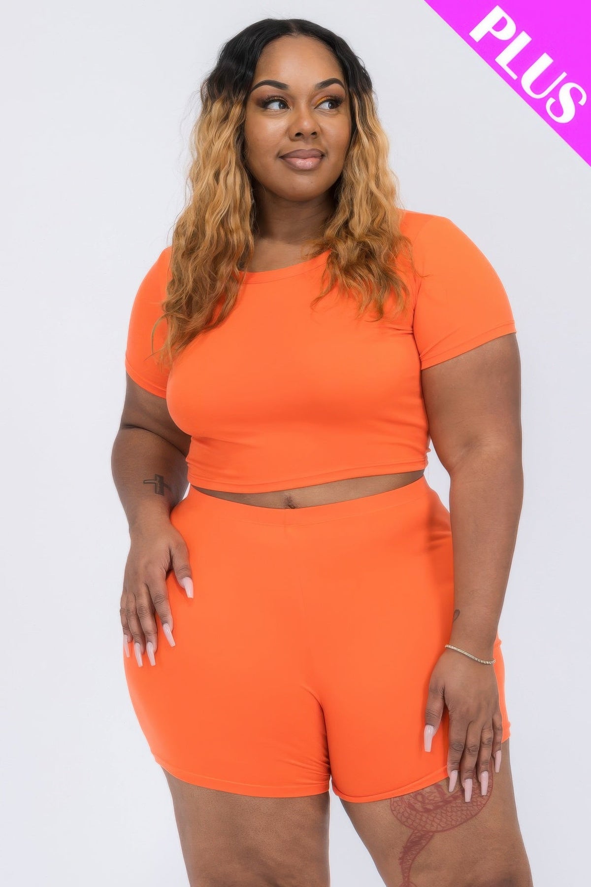 Plus Size Short Sleeve Crop Top &amp; Shorts Set