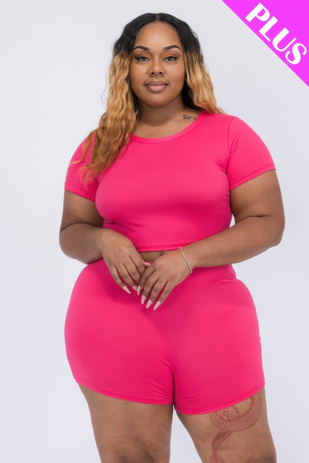 Plus Size Short Sleeve Crop Top &amp; Shorts Set