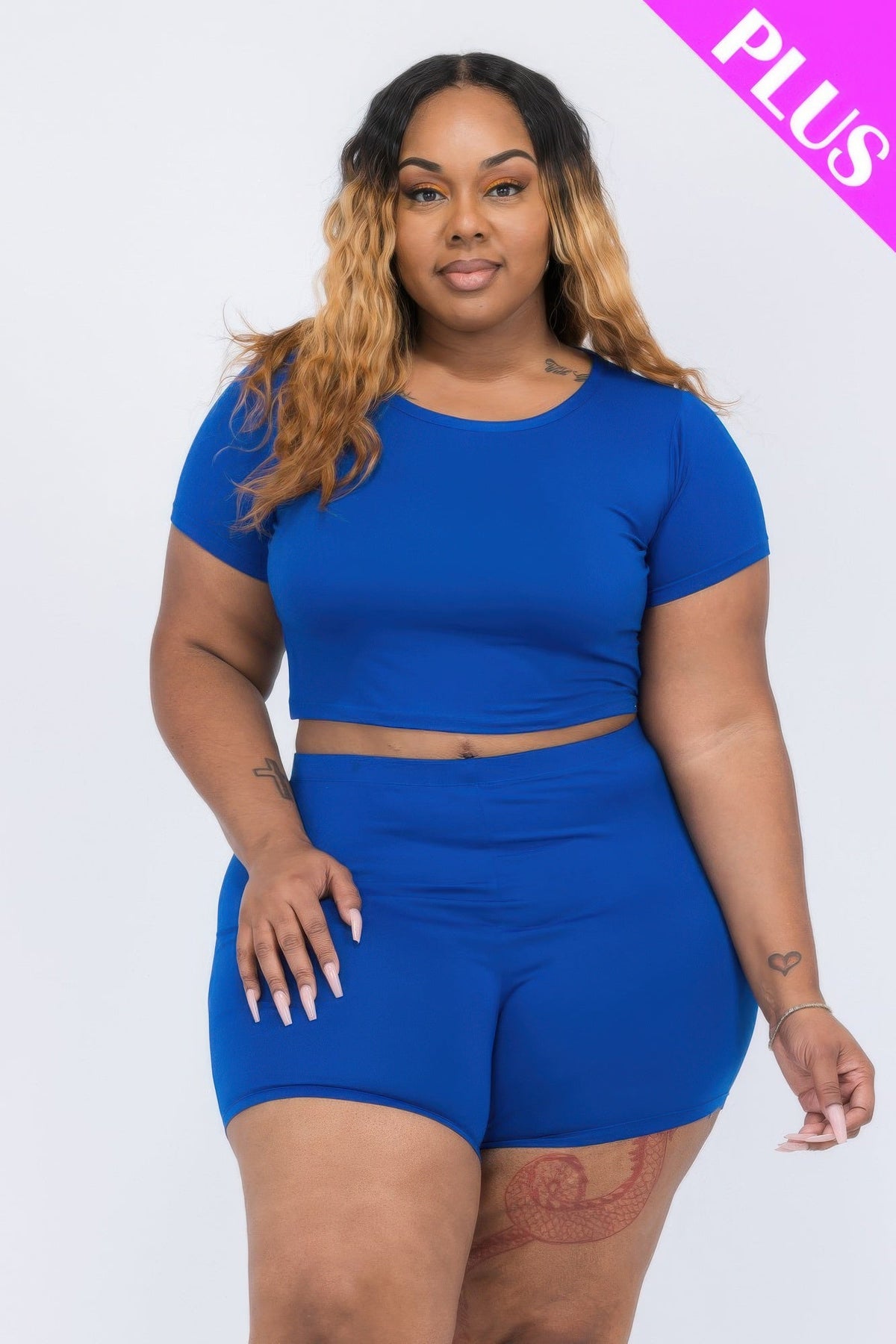 Plus Size Short Sleeve Crop Top &amp; Shorts Set