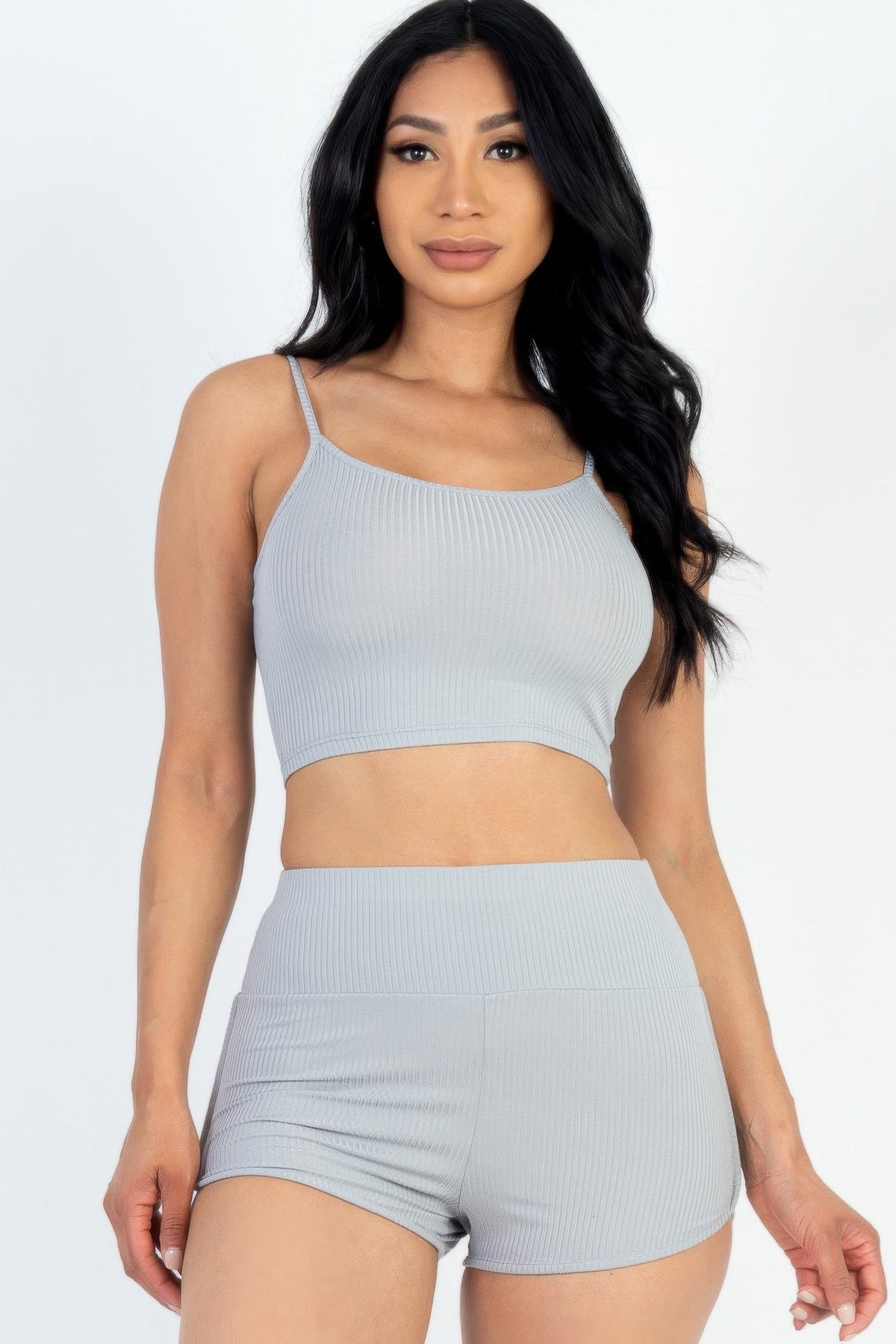 Ribbed Cami Crop Top &amp; Ruched Shorts Set