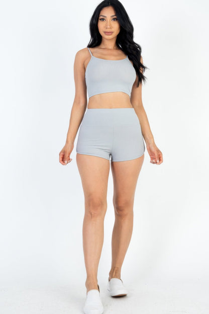 Ribbed Cami Crop Top &amp; Ruched Shorts Set