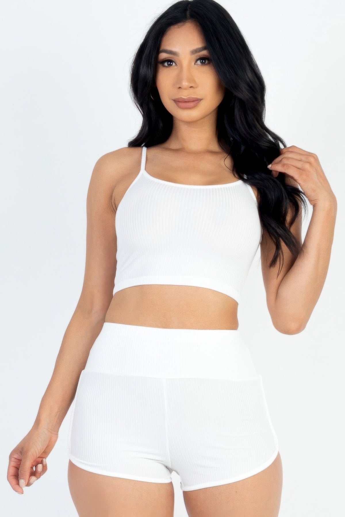 Ribbed Cami Crop Top &amp; Ruched Shorts Set