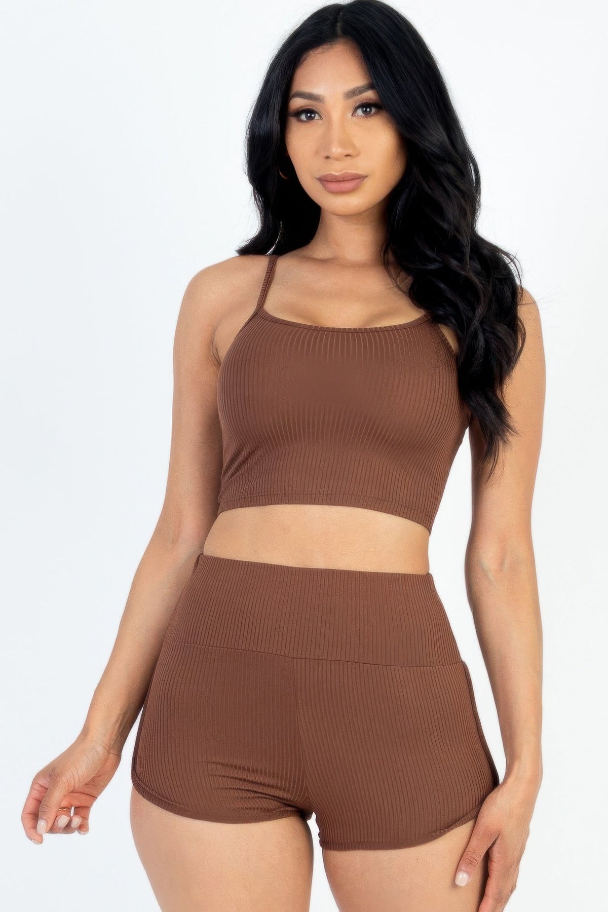 Ribbed Cami Crop Top &amp; Ruched Shorts Set