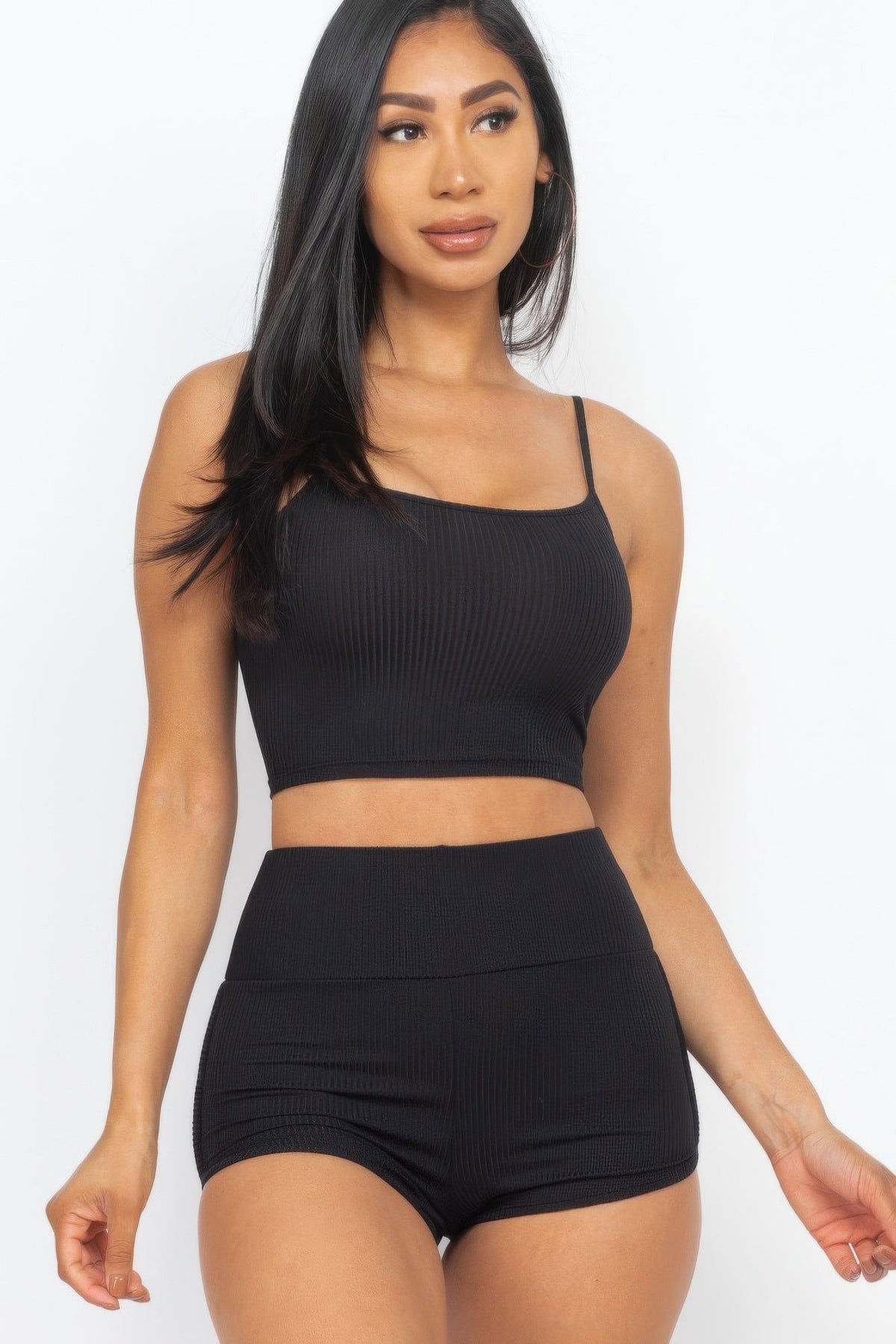 Ribbed Cami Crop Top &amp; Ruched Shorts Set