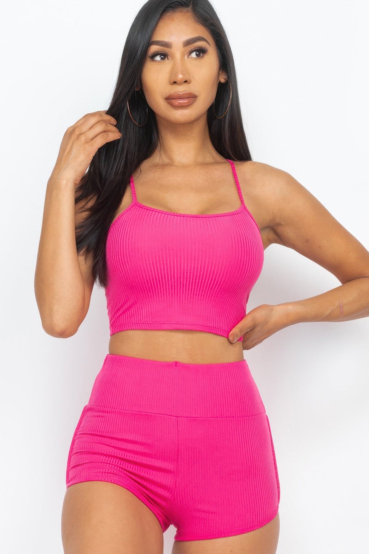 Ribbed Cami Crop Top &amp; Ruched Shorts Set