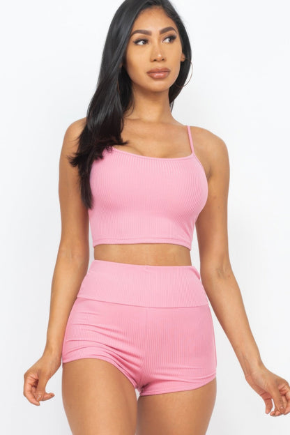 Ribbed Cami Crop Top &amp; Ruched Shorts Set