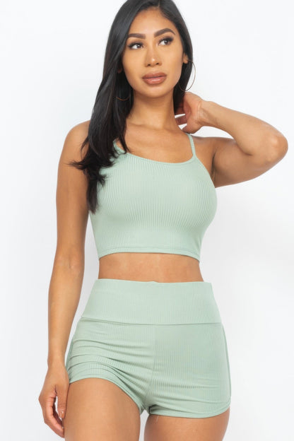 Ribbed Cami Crop Top &amp; Ruched Shorts Set