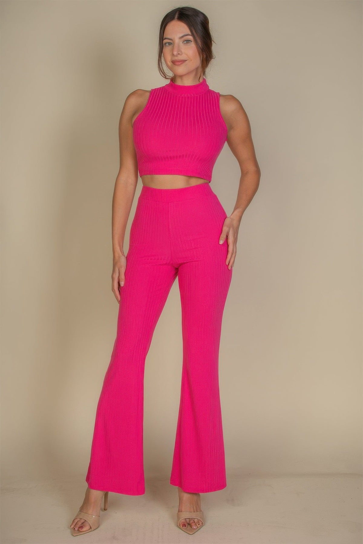 Ribbed Mock Neck Crop Tank Top &amp; Bootcut Pants Set