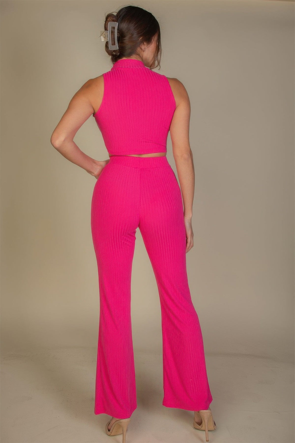 Ribbed Mock Neck Crop Tank Top &amp; Bootcut Pants Set