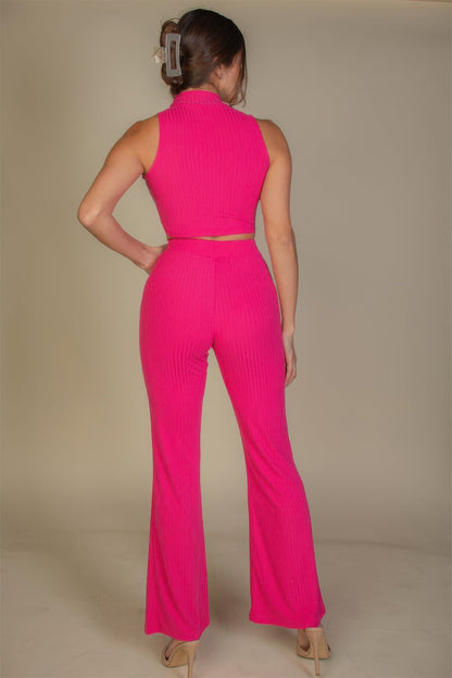 Ribbed Mock Neck Crop Tank Top &amp; Bootcut Pants Set
