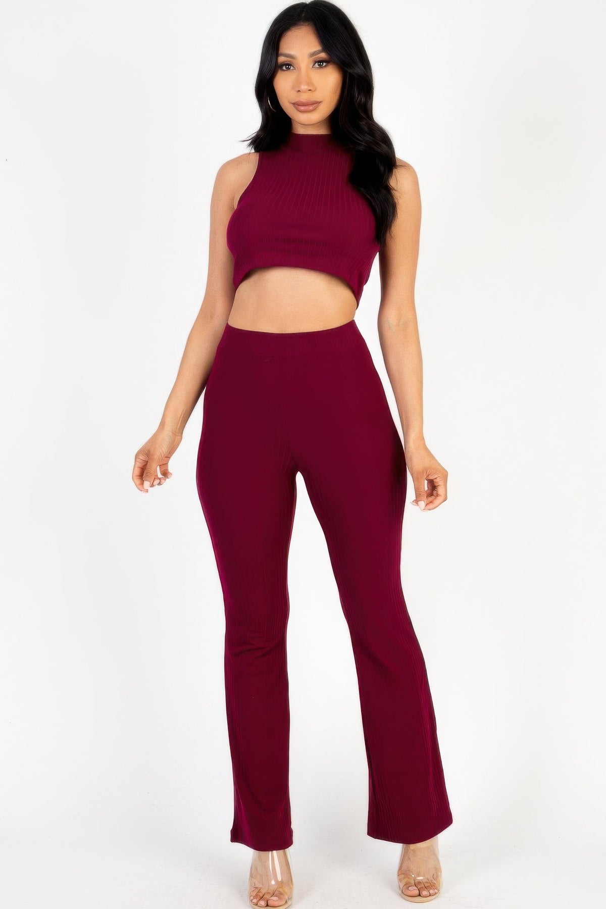 Ribbed Mock Neck Crop Tank Top &amp; Bootcut Pants Set