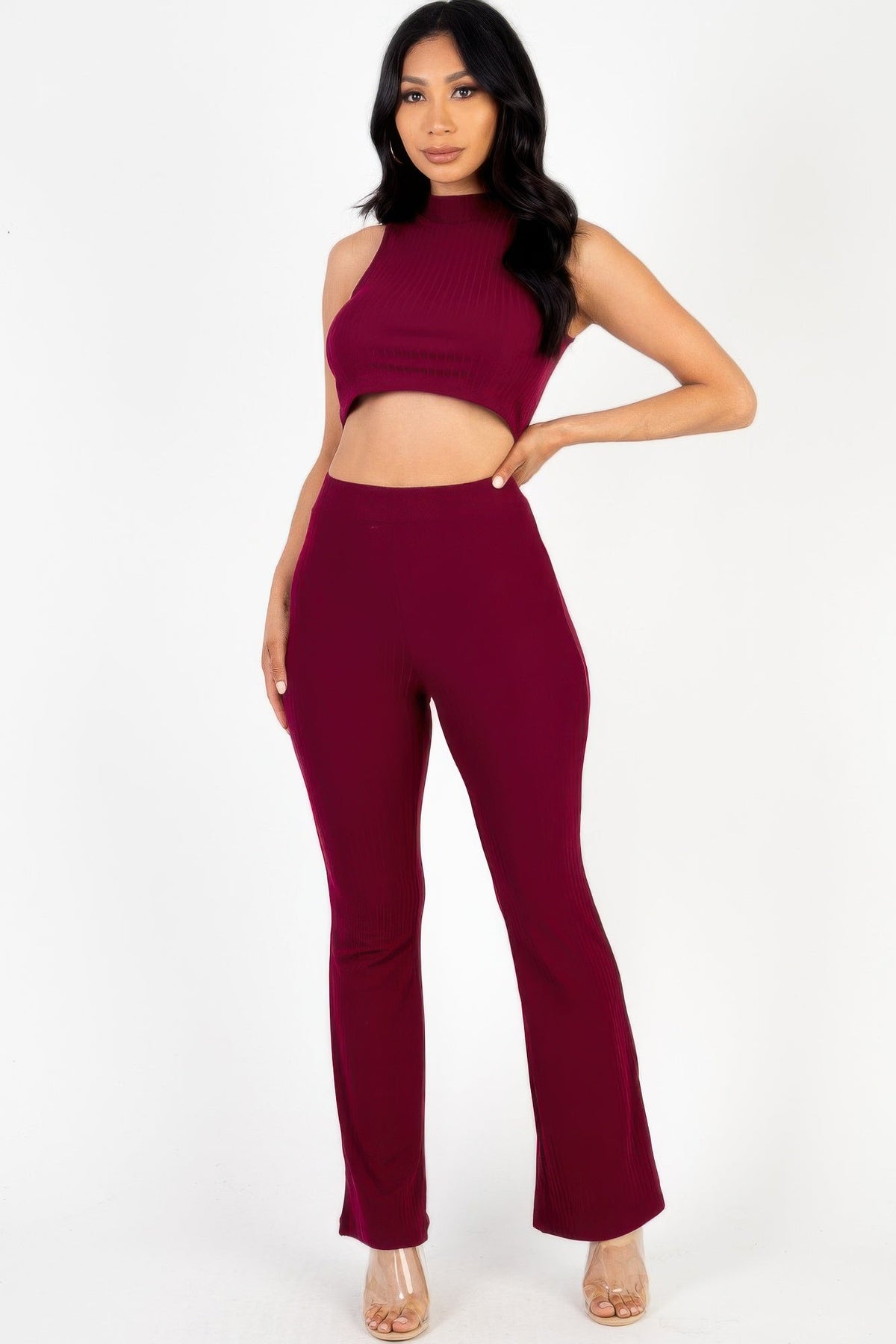 Ribbed Mock Neck Crop Tank Top &amp; Bootcut Pants Set