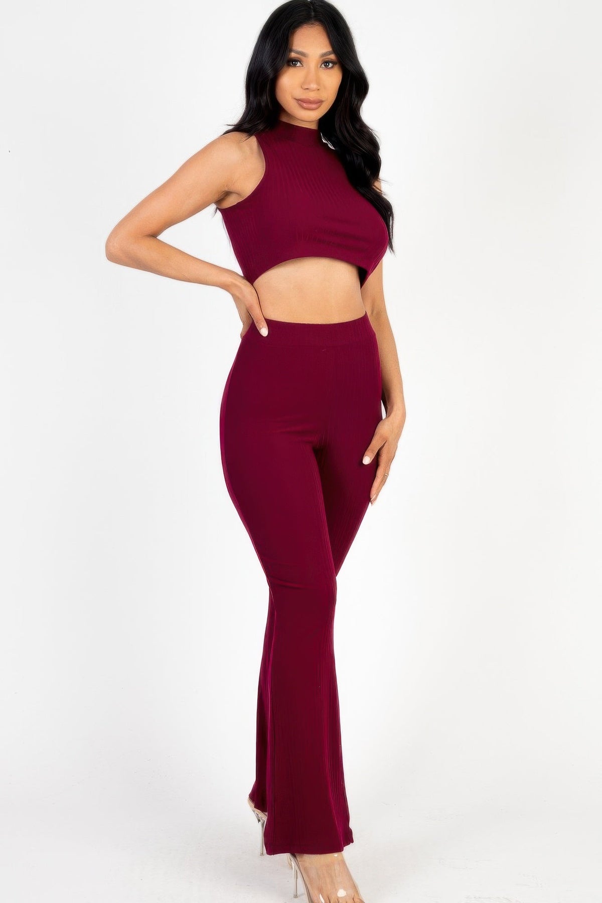 Ribbed Mock Neck Crop Tank Top &amp; Bootcut Pants Set
