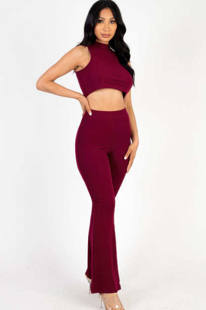 Ribbed Mock Neck Crop Tank Top &amp; Bootcut Pants Set
