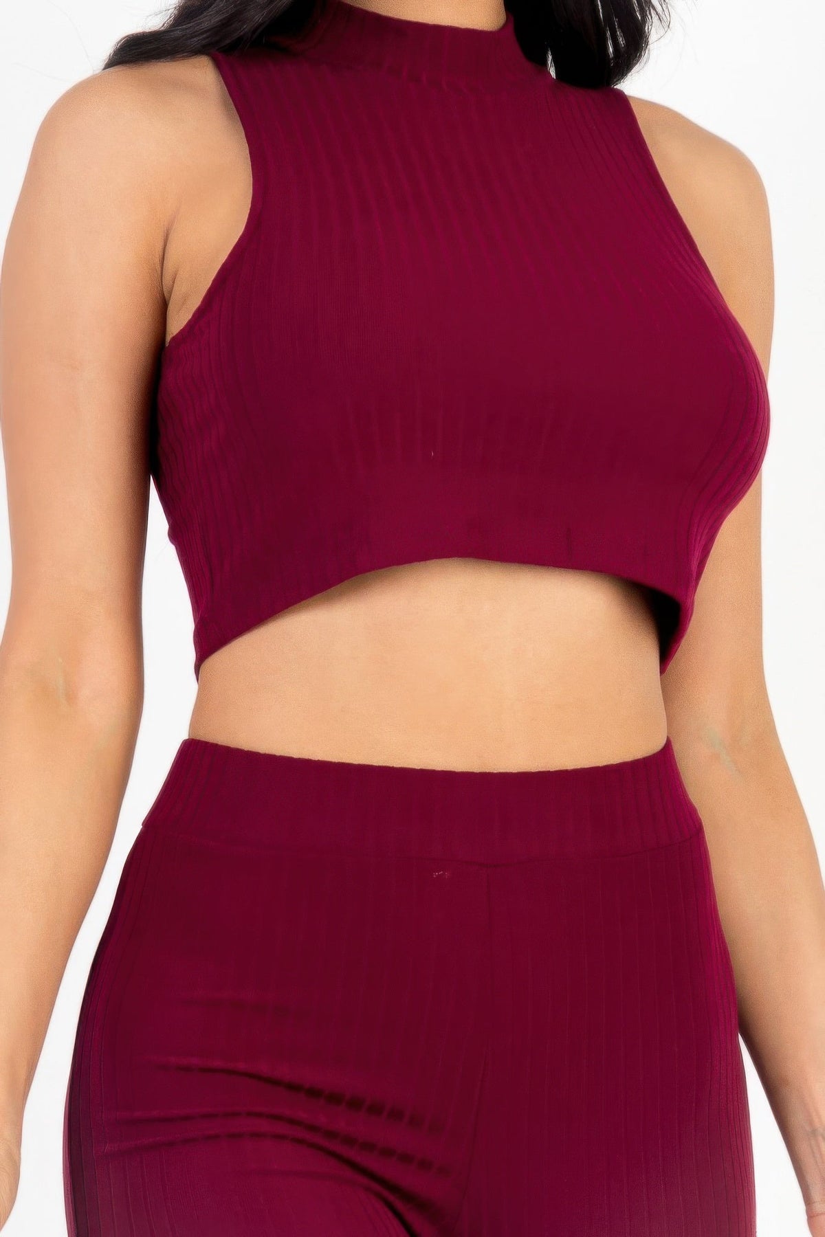 Ribbed Mock Neck Crop Tank Top &amp; Bootcut Pants Set