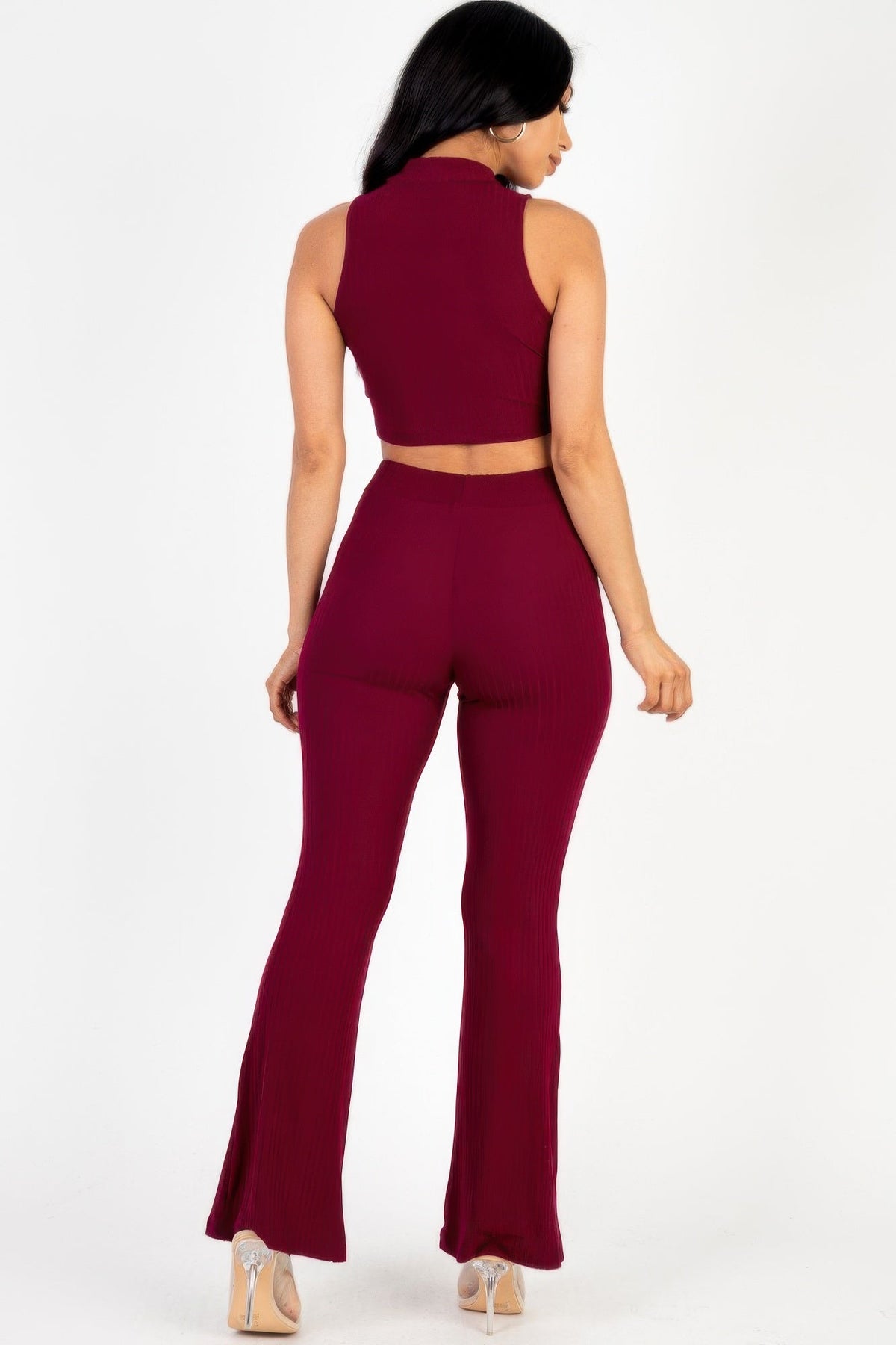 Ribbed Mock Neck Crop Tank Top &amp; Bootcut Pants Set