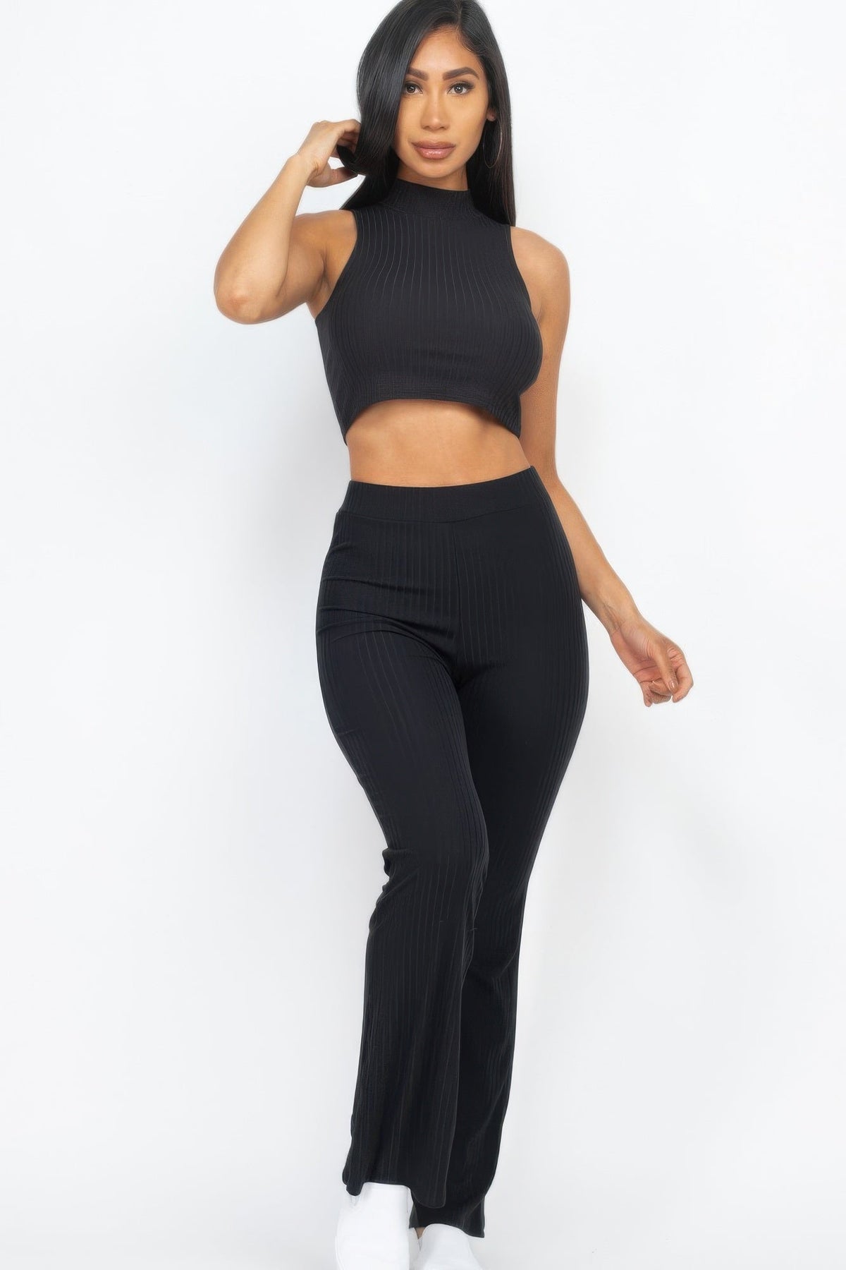 Ribbed Mock Neck Crop Tank Top &amp; Bootcut Pants Set
